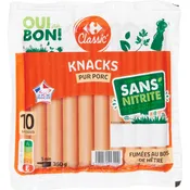 Saucisses knacks pur porc fumées Sans Nitrite CARREFOUR CLASSIC'
