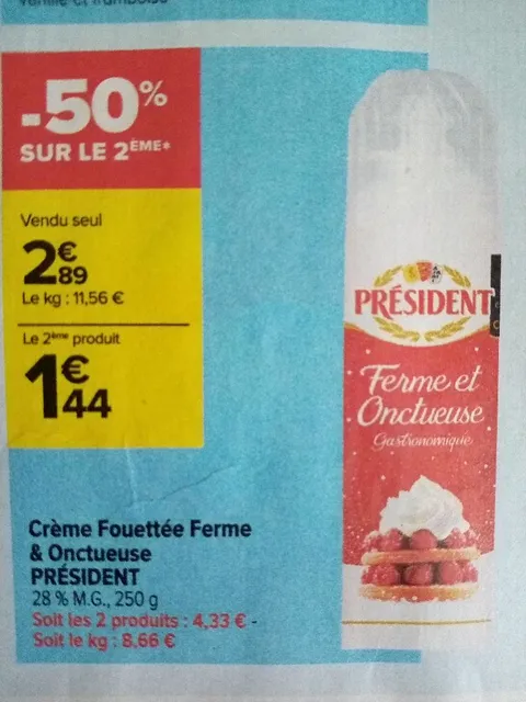 -50% sur le 2eme crème fouettée ferme & onctueuse President