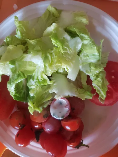 BURGER maison  et salade de tomate cerise ,sucrine