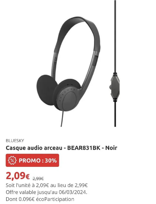 Casque audio arceau - BEAR831BK - Noir EN PROMO 30%💥