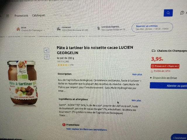 Pâte à tartiner Bio Lucien Georgelin 3,95€ prenez-en 3 = payez en 2