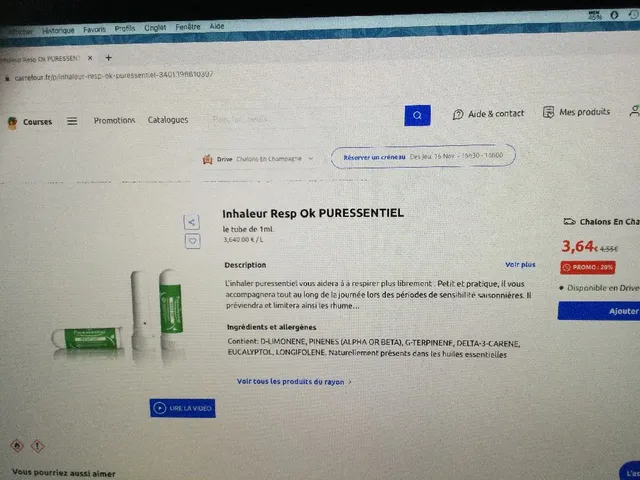 Inhaleur Resp Ok PURESSENTIEL en promotion 20% soit 3,64 €