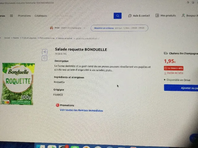 Salade roquette BONDUELLE 1,95€ là deuxième à 68%