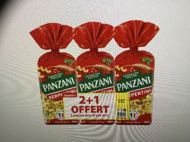 Pâtes serpentinetti PANZANI promo 2+1 offert soit 2,20€ le lot