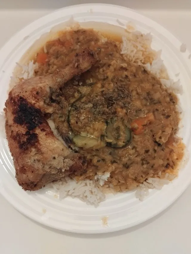 Daal de lentilles corail, riz basmati et poulet rôti