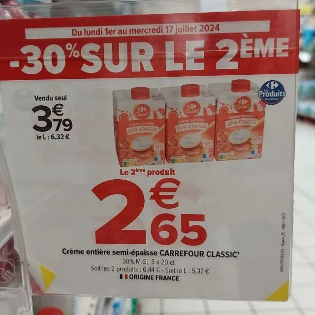 Crème Entière Semi-Épaisse 30% Mg CARREFOUR CLASSIC