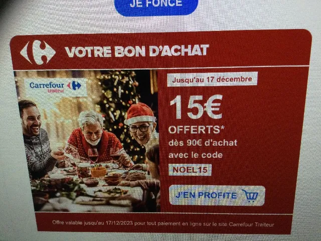 15€ offert dès 90€ avec le code NOEL15 sur le site Carrefour traiteu