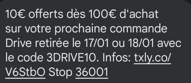 Économisez 10€ sur votre prochaine commande Drive avec le code 3DRIVE10 !