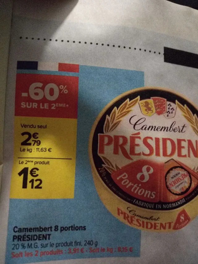 🎁Réduction -60% sur le 2eme produit camembert président 8 portions