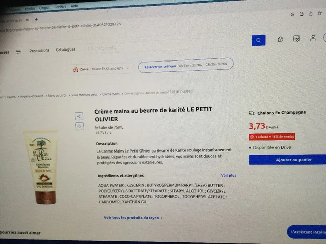 Crème mains au beurre de karite LE PETIT OLIVIER 3,73€ Au lieu de 4,39€
