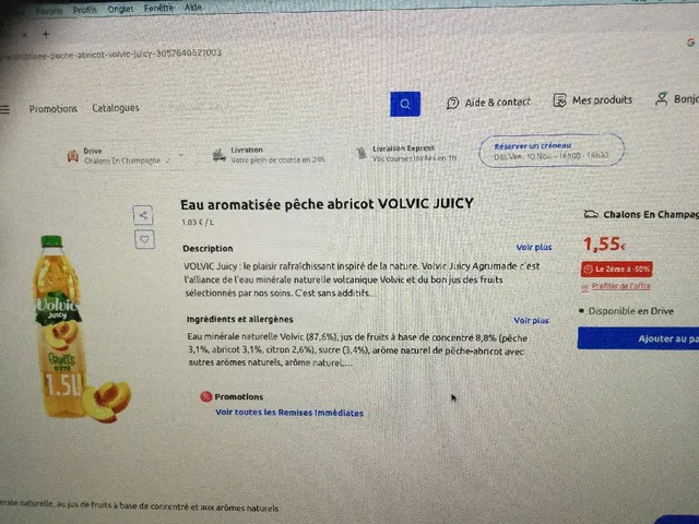 Eau aromatisée pêche abricot VOLVIC JUICY 1,55€ la deuxième à 50%