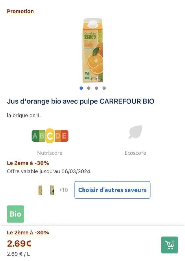 100% Pur jus d'orange avec pulpe Bio Carrefour en Promos en ce moment !