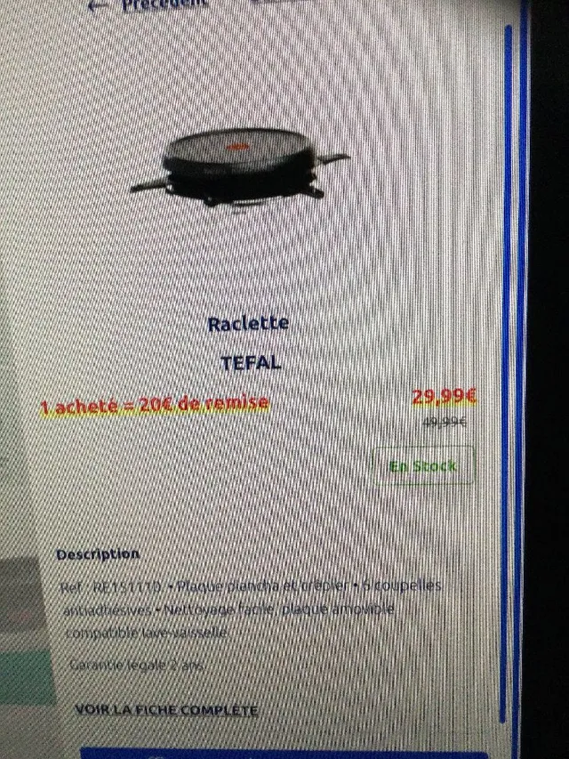 Appareil à raclette TEFAL 1 acheté = 20€ de remise soit 29,99€ au lieu de 49,99€