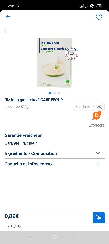 Riz long grain étuvé Carrefour